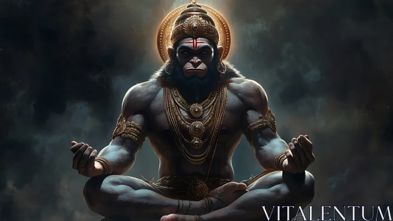 Divine warrior monkey deity in meditation with glowing halo.