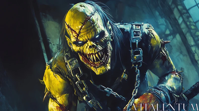 Chainbound zombie warrior lunges through toxic blue gloom.