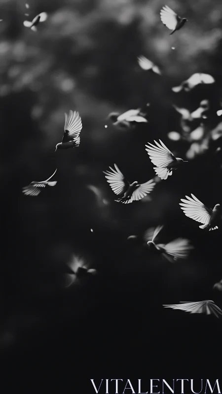 Birds in Flight Against Dark Sky. Monochromatic Movement.