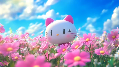 Winking kitty drifts through dreamy pink flower meadows.