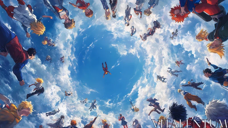 Heroes spiral through luminous sky vortex in unison