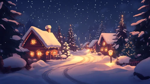 Snow-covered village lane under warm incandescent holiday lighting