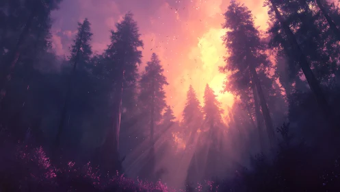 Coniferous Forest Sunrise with Volumetric Light Rays and Atmospheric Haze