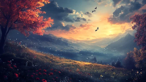 Golden sunset glows over a tranquil autumn mountain valley