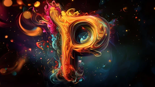 Flaming letter P in swirling abstract neon fluid typography.