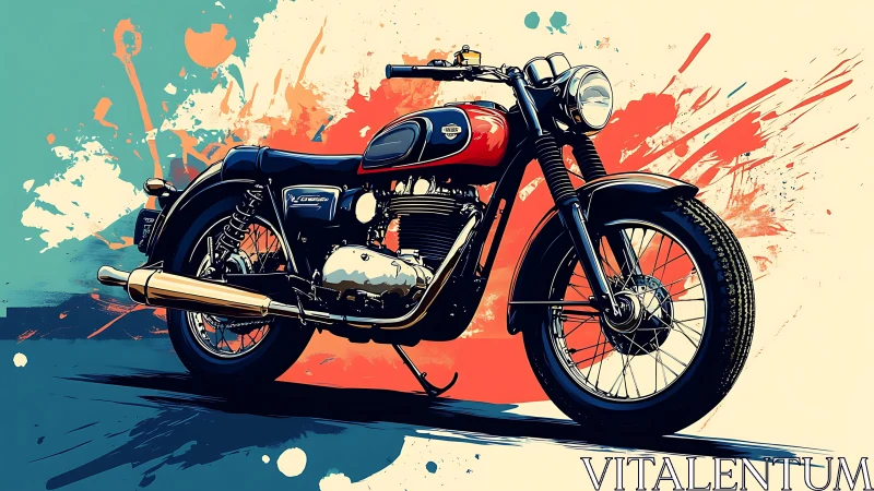 Retro parallel-twin motorcycle on splatter paint backdrop