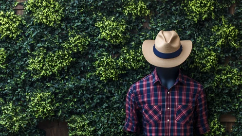 Plaid shirt mannequin with hat against lush green wall.