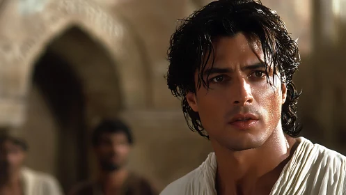 Desert courtyard hero pauses mid-stride beneath soft sun