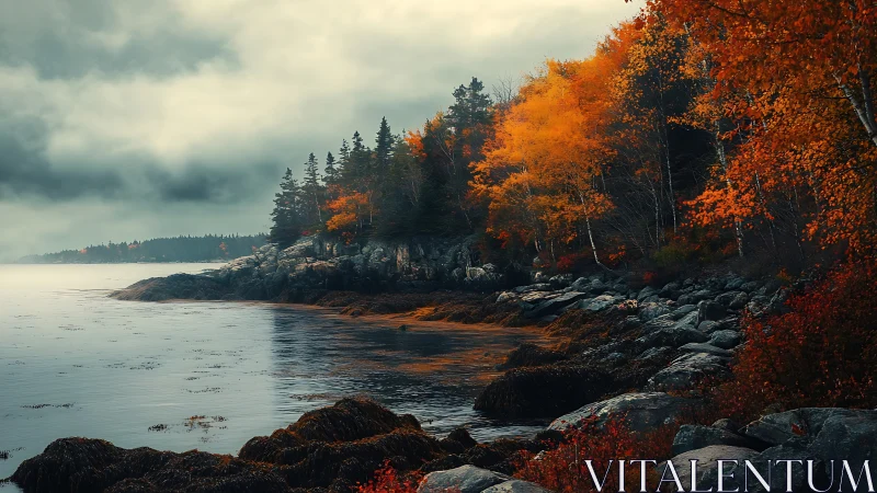 Autumn Coastline at Dusk. Rocky Shore Meets Fall Foliage.