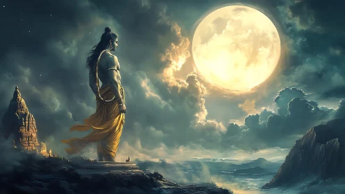 Moonlit warrior gazes over misty valleys and sleeping temples.