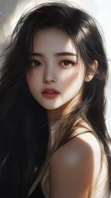 Digital portrait of young woman with long dark hair in light.