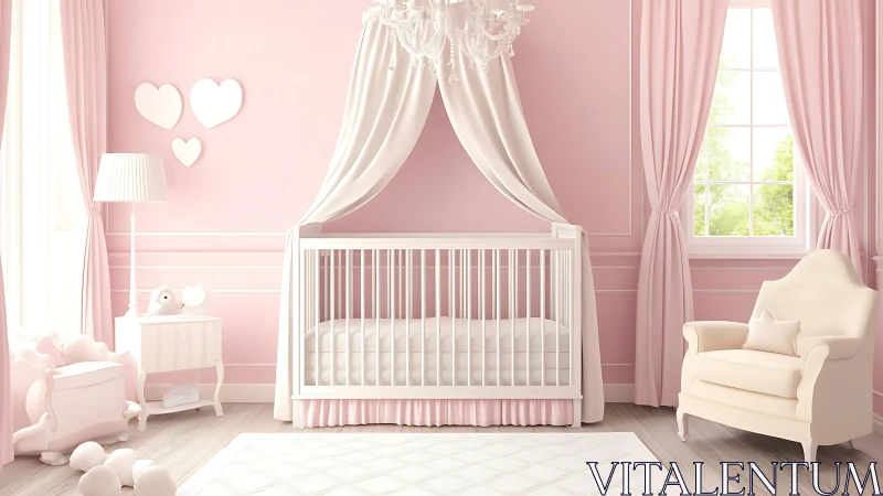 Soft pink nursery interior with crib and draped canopy design.