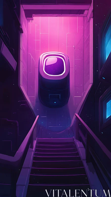 Neon stairway leading toward a softly glowing pod portal.