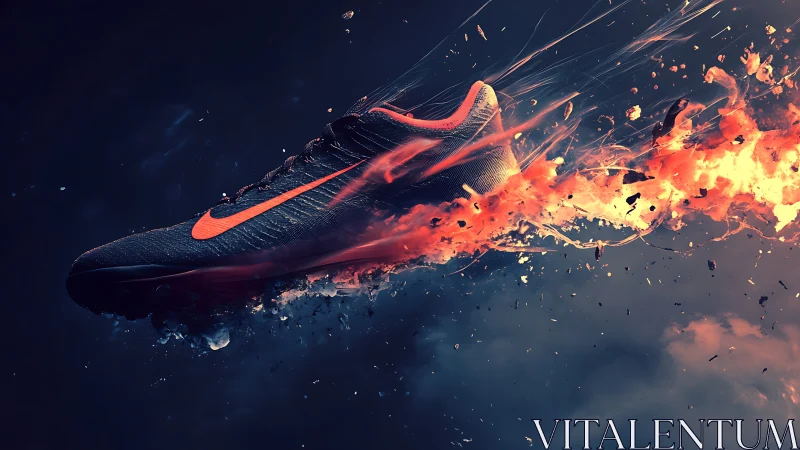 Explosive running shoe in dynamic fiery motion trail.