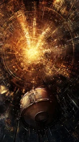 Glowing energy core inside complex sci fi chamber.