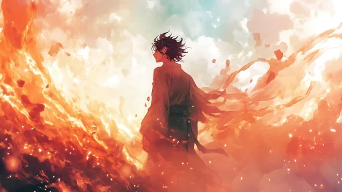 Solitary anime figure within swirling fiery cloud vortex