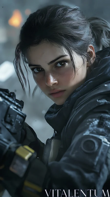 Battle-ready soldier gazes ahead in tense winter combat