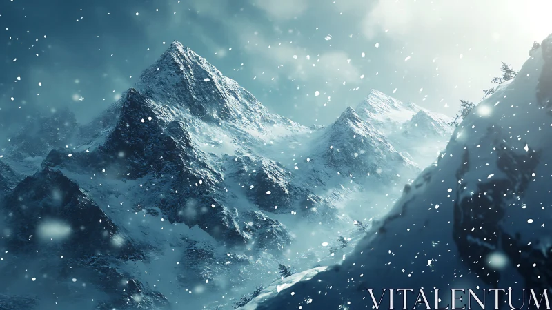 Icy alpine peaks under blizzard light in winter dawn.