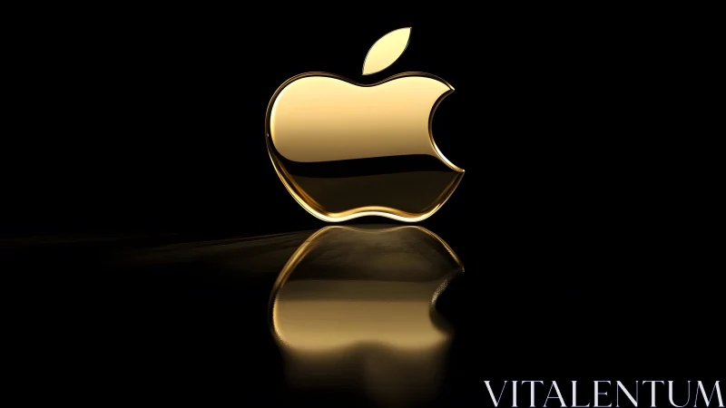 Shiny Gold Apple Logo on Black Background, Reflective Style.