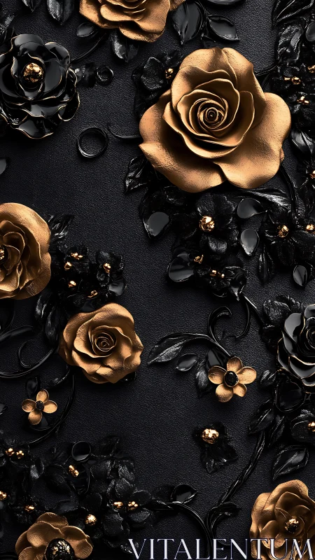 Metallic gold and ebony roses displayed on textured dark surface with dimensional relief lighting