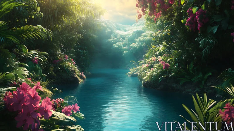 Lush tropical river gorge under soft golden morning light.