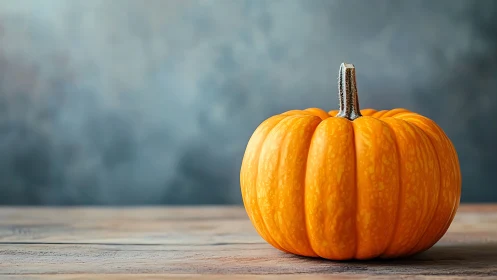 Orange pumpkin rests on wooden surface against blurred backdrop