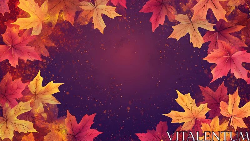 Crimson dusk halo of drifting maple leaves in autumn bloom.