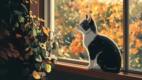 Black and White Cat Observing Golden Autumn Foliage Through Window