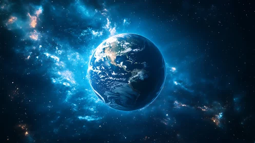 Planet Earth illuminated in deep blue galactic nebula glow.