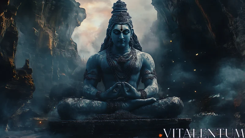 Stone deity statue sits in lotus pose inside rocky cavern