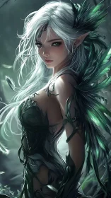 Silver haired forest elf in dark green leaf armor.