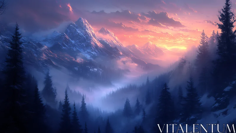 Snow-covered mountain range with dense conifer forest at dusk.