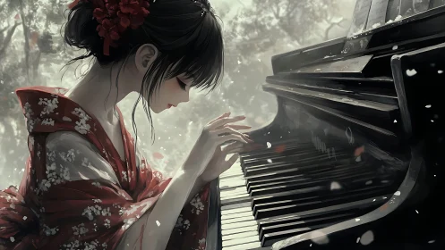 Kimono-clad pianist in soft-focus blossom garden ambience