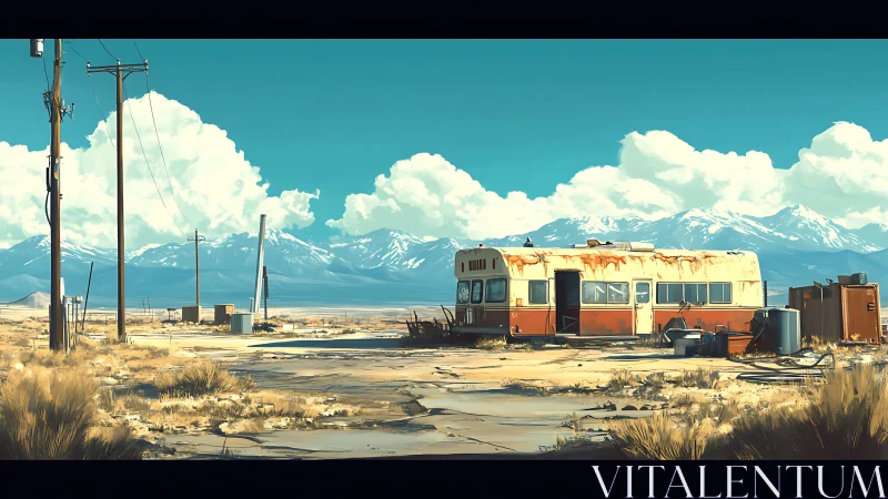 Rusting desert trailer under vast alpine cloudscape panorama.