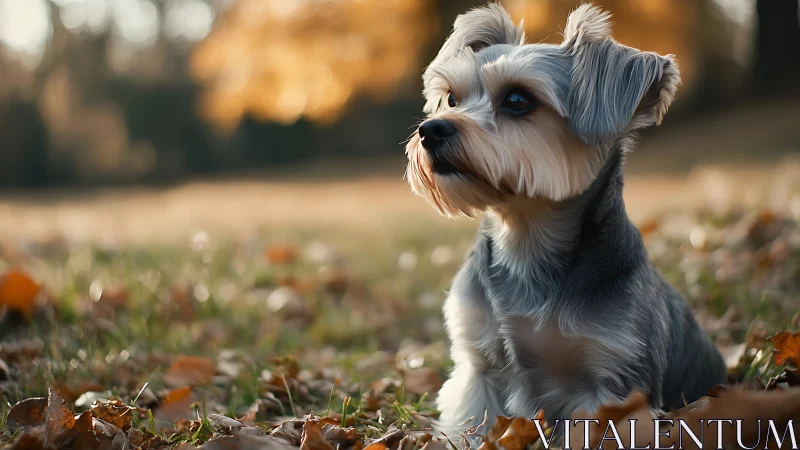 Small gray dog on autumn grass with fallen brown leaves.