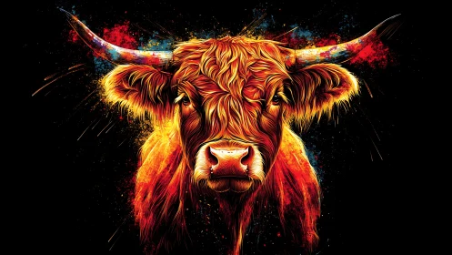 Vibrant frontal bull portrait rendered in neon digital strokes