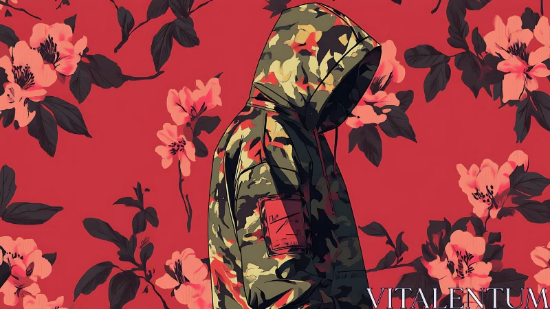 Hooded figure in camo jacket stands against floral backdrop