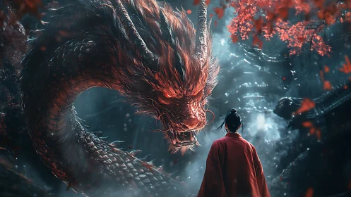 Fiery oriental dragon confronts lone warrior amid scarlet leaves