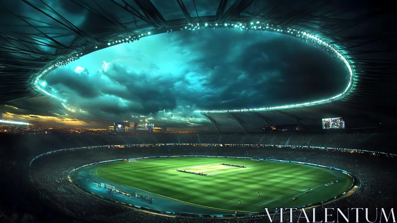 Futuristic football stadium glows under stormy illuminated sky