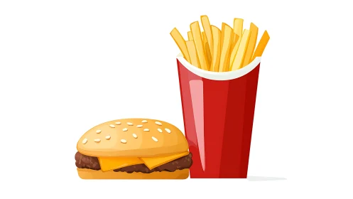 Cheeseburger and fries illustration shows classic fast food combo