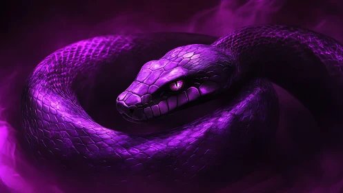 Enchanted violet serpent rests in a curling, glowing coil