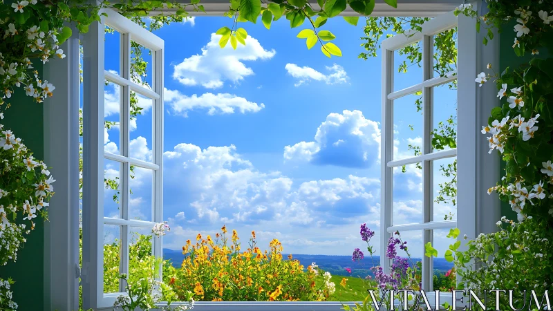 Open white-framed window overlooks garden and distant horizon