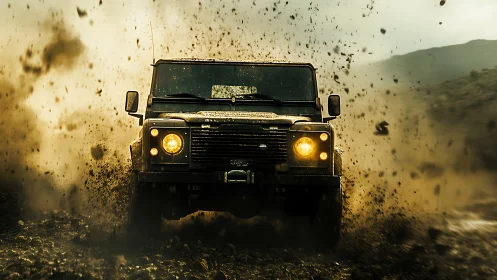Off-road SUV storms muddy terrain with cinematic backlight.