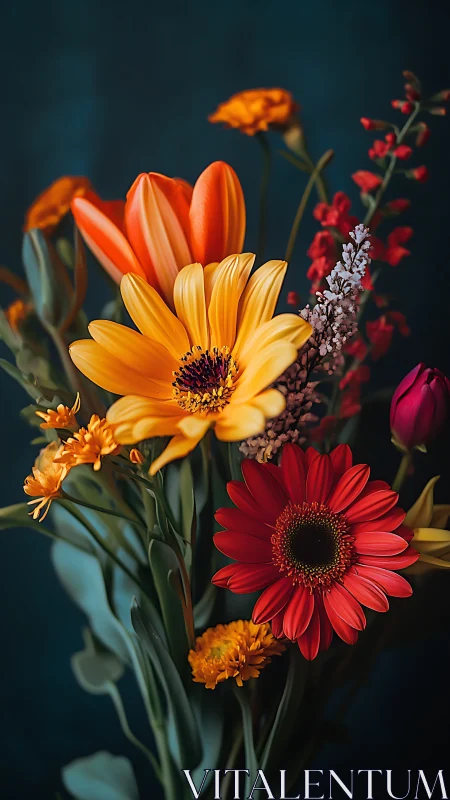 Vibrant gerbera daisies bloom against deep teal backdrop.