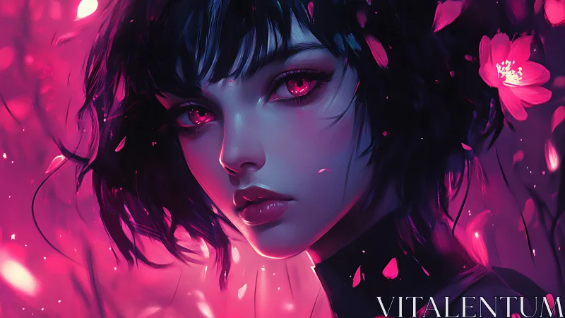 Neon-lit cyber portrait of young woman amid luminous petals