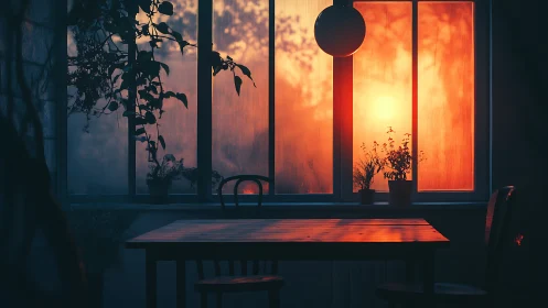 Backlit dining table silhouettes under saturated sunset glazing