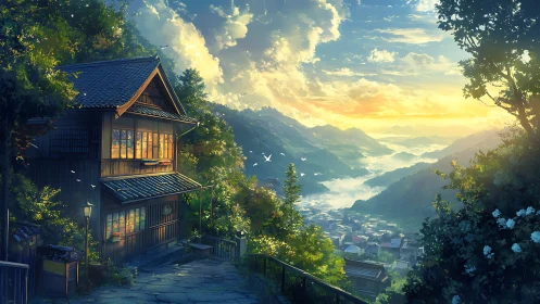 Mountain village sunrise over traditional hillside house.