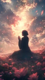 Figure sits in flower field beneath illuminated cloud opening