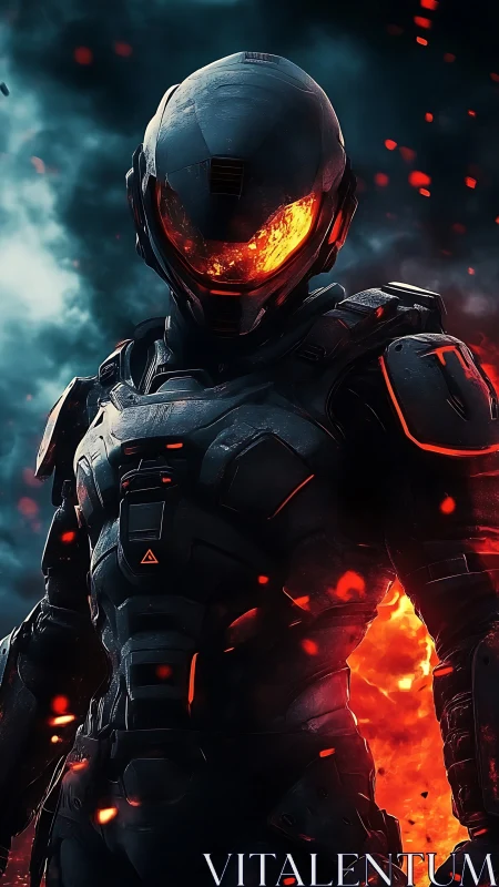 Armored sci‑fi figure amid sparks and backlit flames.