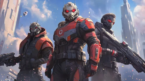Armored trio standing bold in futuristic red combat exosuits.